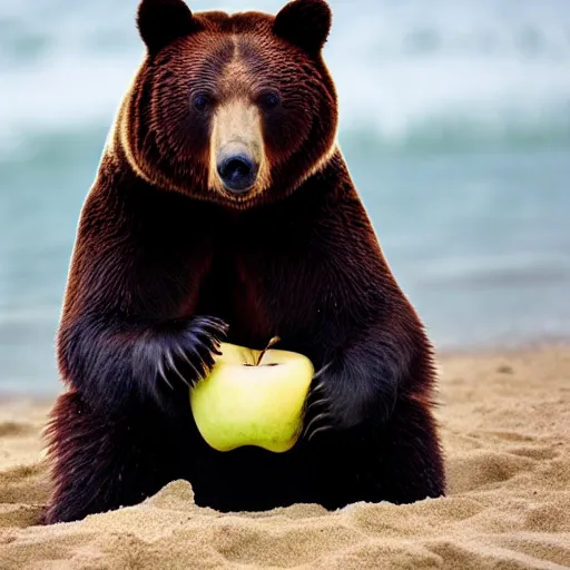 Image similar to national geographic photograph of a bear eating an apple, on the beach