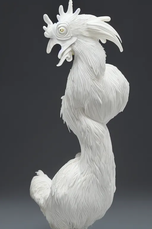 Image similar to full head and shoulders, realistic bjork porcelain rooster sculpture, smooth, delicate facial features, white eyes, white lashes, detailed white, lots of 3 d gold chinese dragons anatomical, all white features on a white background, by daniel arsham and james jean