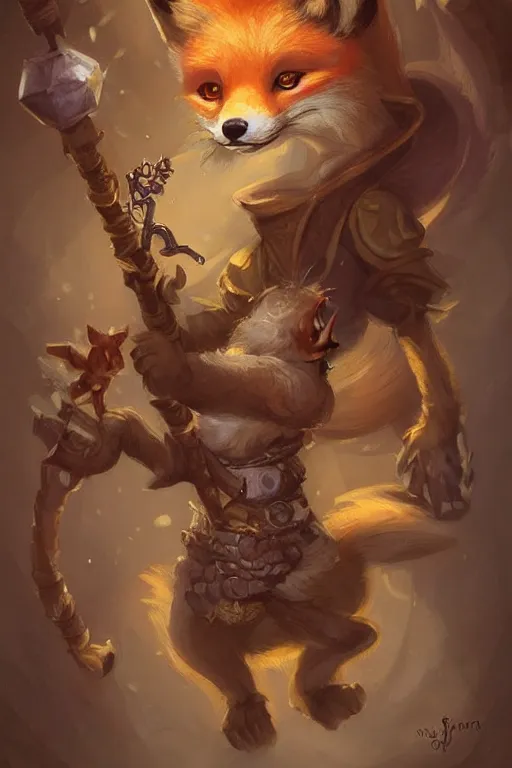 Image similar to cute little anthropomorphic fox, wielding a magic staff, tiny, small, short, Wizard robe, cute and adorable, pretty, beautiful, DnD character art portrait, matte fantasy painting, DeviantArt Artstation, by Jason Felix by Steve Argyle by Tyler Jacobson by Peter Mohrbacher, cinema