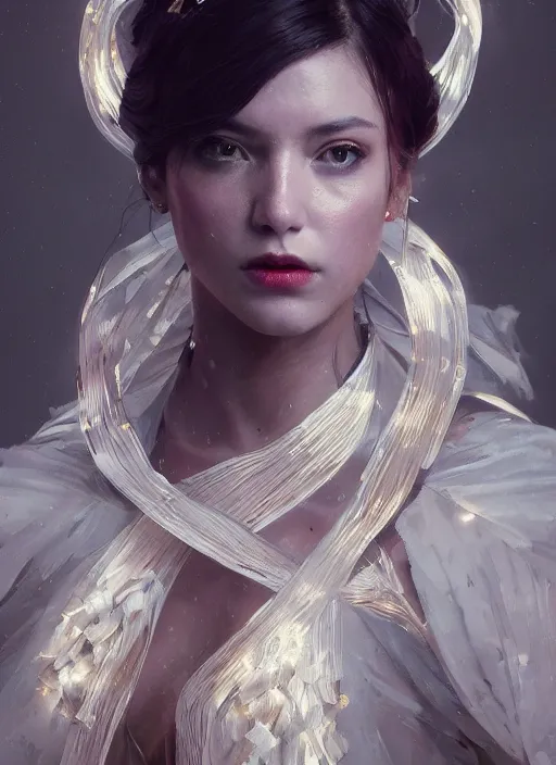 Image similar to A fancy portrait of a beautiful women covered in ribbon by Greg Rutkowski, Sung Choi, Mitchell Mohrhauser, Maciej Kuciara, Johnson Ting, Maxim Verehin, Peter Konig, Bloodborne, 8k photorealistic, cinematic lighting, HD, high details, dramatic, atmospheric , trending on artstation