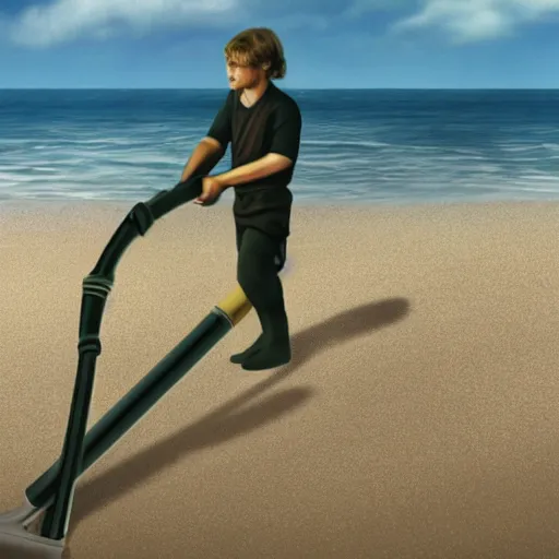 Image similar to anakin skywalker vacuuming the beach for sand, 4k, photorealistic,