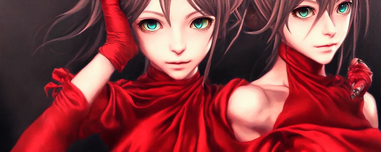 Image similar to a portrait of catgirl wearing red silk dress an ultrafine detailed painting, detailed painting, detailed eyes!!, final fantasy octopath traveler realistic hands ghibly