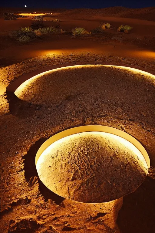 Image similar to a luminous circular stargate in the desert through which an ancient jungle is visible