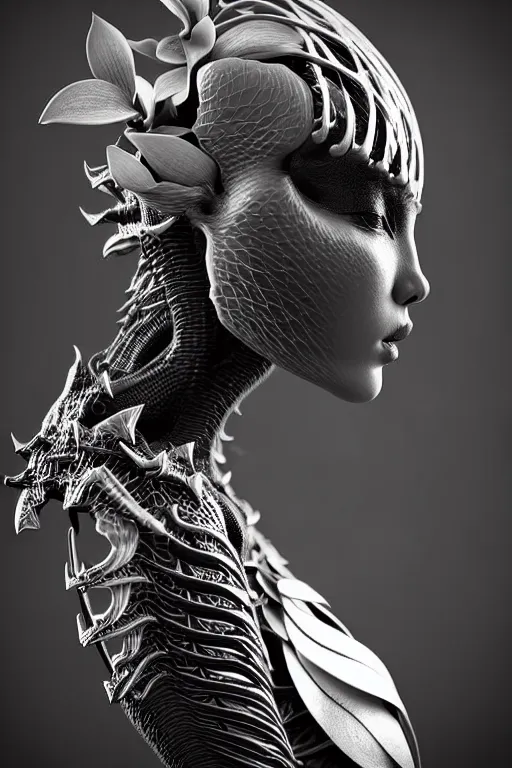 Image similar to bw close - up profile face, black background, beautiful young porcelain vegetal - dragon - cyborg - female, 1 5 0 mm, beautiful natural soft rim light, silver gold details, magnolia leaves and stems, roots, mandelbot fractal, elegant, ultra detailed, white metallic armour, octane render, h. r. giger style