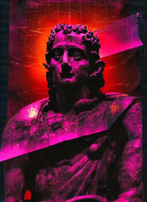 Image similar to black background with very subtle red and purple design elements, statue of julius caesar, powerful, nekro, graphic design, collage art, thin lines, dark, glitch art, neo vaporwave, gritty, layout frame, square, trending on artstation