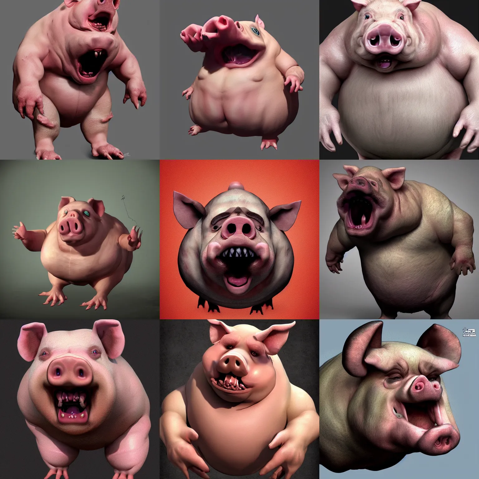 Prompt: photo of a realistic fat muscular pighead pig swine character screaming horror artstation trending by
