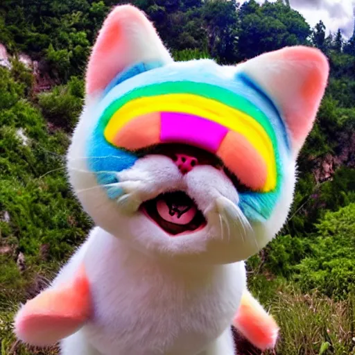 Image similar to vacation photos postcard from gizmo the rotund rainbow kitty with rainbow fur, a pink nose, multicolored eyes heterochromia cute wild adventures and travel to glorious locations