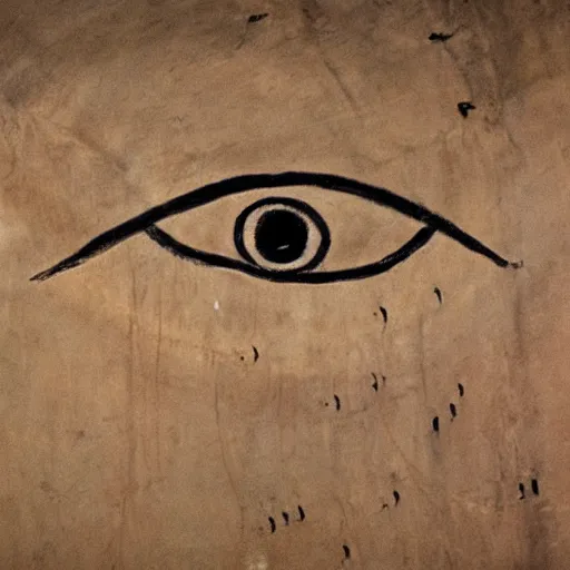 Prompt: an ancient cave painting of a giant eye floating above a crowd of people