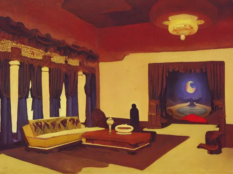 Image similar to a detailed oil painting of a dark arabian large hall rich decorated hall fancy, pillar, ominous,, curtains velours, cutlery by nicholas roerich, by gustave moreau, by frank frazetta, by hans emmenegger, by eyvind earle, moisture, grainy, highly detailed, realistic, outline, line,