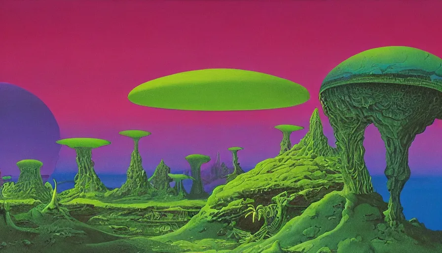 Prompt: psychedelic surreal alien landscape, by roger dean, by dean ellis, detailed high resolution, atmospheric environment, oil on canvas