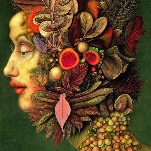 Image similar to a beautiful profile portrait of a beautiful female, leaves, by giuseppe arcimboldo,, psychedelic, surreal, dreamlike, environmental friendly, nature.