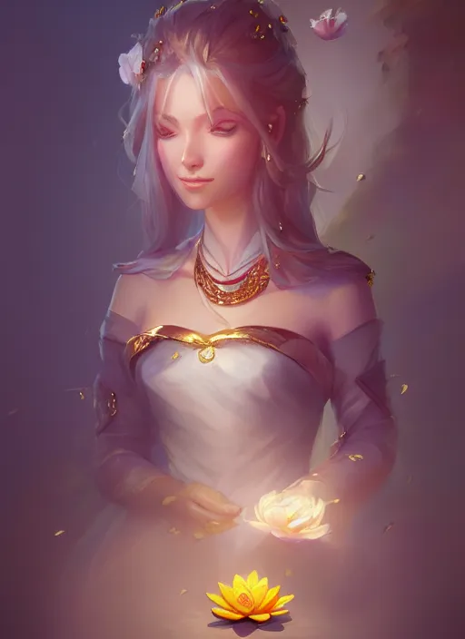 Image similar to female magician, wide angle view, lotus, flowers, gold, diamonds, highly detailed, artgerm, cushart krenz, artstation, soft light, sharp focus, illustration, character design, concept art