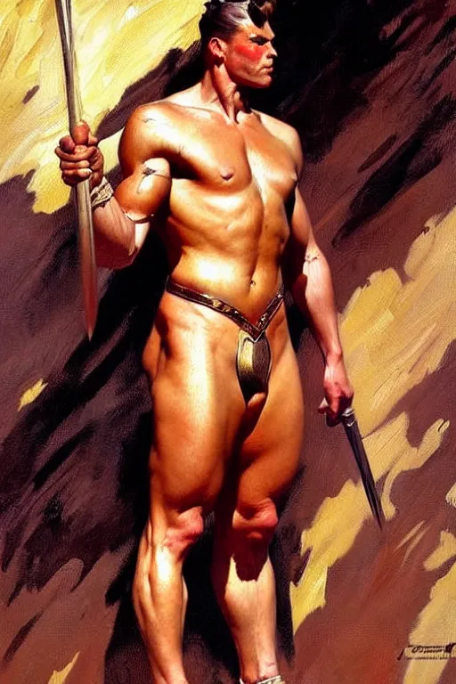 Image similar to warrior, attractive male, character design, painting by j. c. leyendecker, gaston bussiere, frank frazetta, tom of finland, trending on artstation