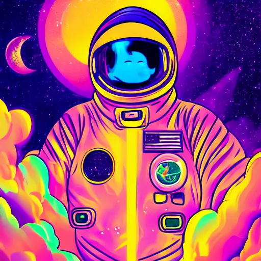 Image similar to Medium shot of an astronaut relaxing in space designed by Lisa Frank, digital art, cartoon art, acrylic, bokeh, synthwave, retro,