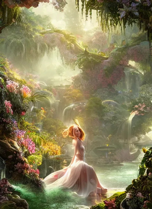 Image similar to beauteous sumptuous elegant woman in paradise garden, with incredible indirect soft cinematic lighting, crystalline masterpiece incrustations, hyperdetailed features, movie still, intricate, octane render, cinematic forest lighting, unreal engine,