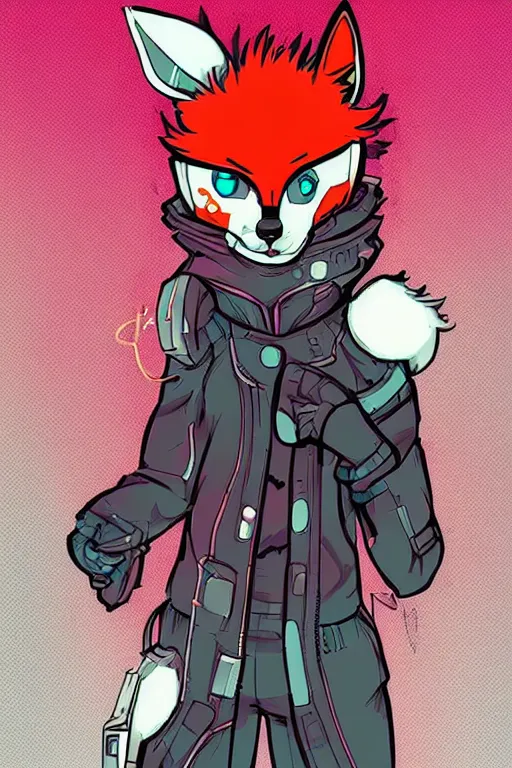 Prompt: a cute cyberpunk anthropomorphic fox with a fluffy tail, comic art, trending on furaffinity, cartoon, kawaii, backlighting, furry art!!!, cel shading, concept art, poster art