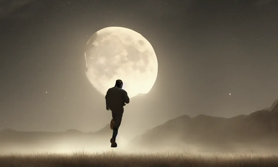 Image similar to a lonely man was running alone beneath the gaint moon,featured in artstation, cinematic, elegant, 8k