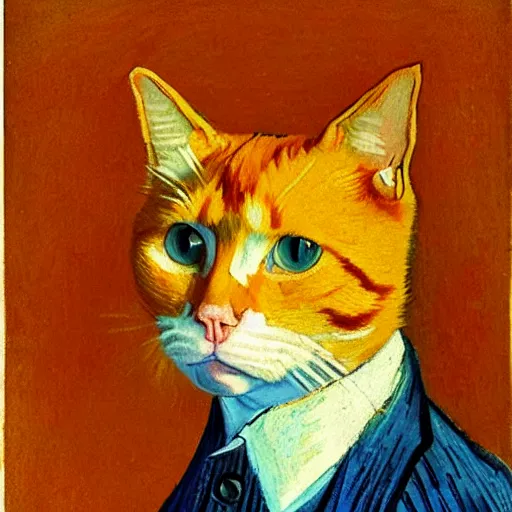 Image similar to a portrait of a ginger orange cat, wearing a light blue suit, by Vincent Van Gogh