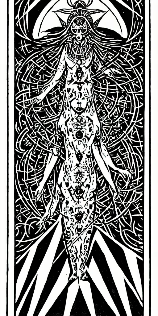 Image similar to a beautiful black and white fractal tarot card featuring bold occult imagery with clean lines. female demon.