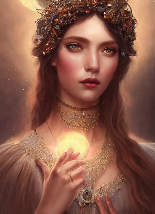 Image similar to A beautiful digital painting of a female angel full of jewels, princess, the moon behind her, intricate, cinematic lighting, highly detailed, digital painting, Artstation, concept art, smooth, sharp focus, illustration, art by Tom Bagshaw, Artgerm and Greg Rutkowski