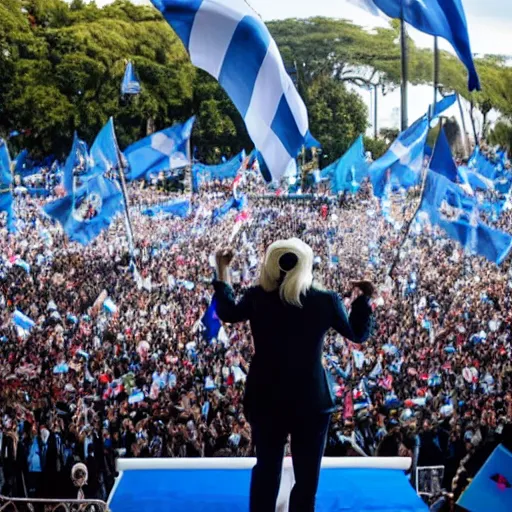 Image similar to Lady Gaga as president, Argentina presidential rally, Argentine flags behind, bokeh, giving a speech, detailed face, Argentina