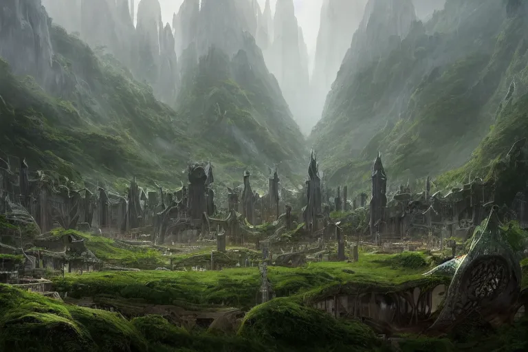 Prompt: An elven city at the base of a lush green valley with white monoliths surrounded by a moat by Greg Rutkowski, Sung Choi, Mitchell Mohrhauser, Maciej Kuciara, Johnson Ting, Maxim Verehin, Peter Konig, 8k photorealistic, cinematic lighting, HD, high details, dramatic, trending on artstation