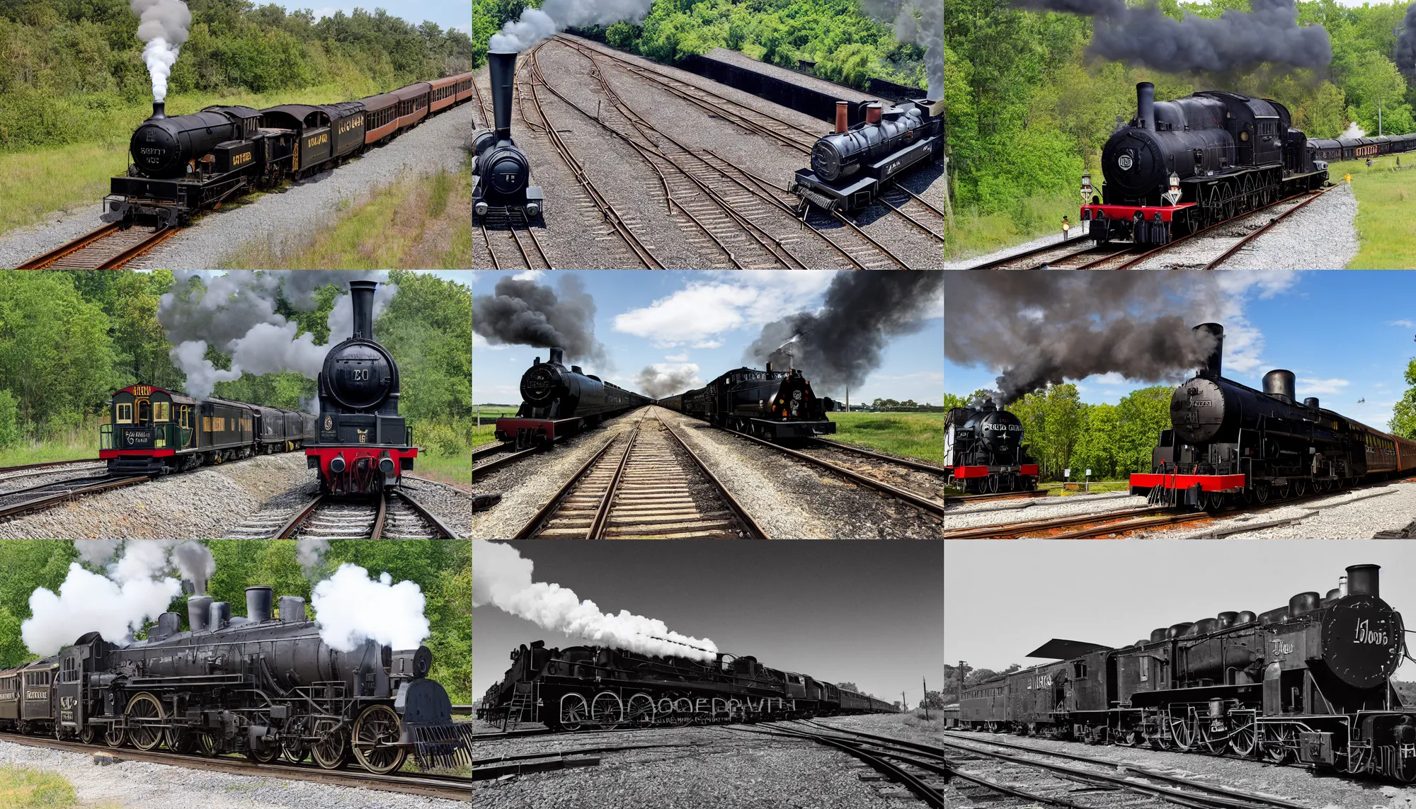 Prompt: restored black steam locomotive travelling on train tracks facing to the right, photograph