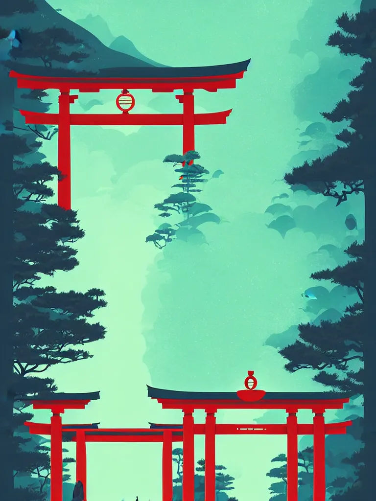 Prompt: a travel poster illustration depicting a japanese torii gate, vintage style, detailed illustration, digital painting, vector art, trending on artstration, by anton fadeev, by alena aenami