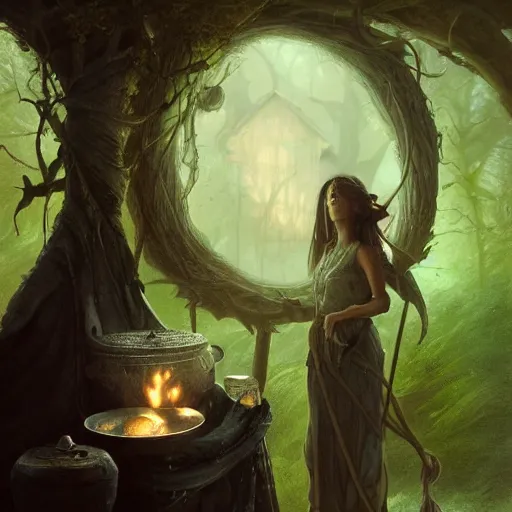 Image similar to Epic portrait an witch brewing green liquid from cauldron, Blurry cabin backround, glowing, digital painting, artstation, concept art, soft light, hdri, smooth, sharp focus, illustration, fantasy, intricate, elegant, highly detailed, D&D, matte painting, in the style of Greg Rutkowski and Alphonse Mucha and artemisia, 8k, highly detailed, jurgens, rutkowski, bouguereau, pastoral, rustic, georgic