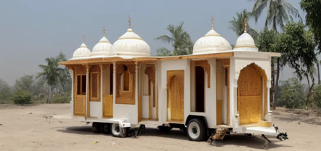 Prompt: mughal - style white ivory tiny home on trailer with minarets in cyberpunk india