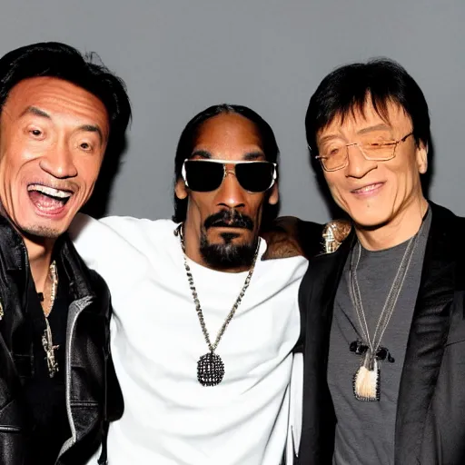 Prompt: a picture of the rock, snoop Dogg and Jackie Chan posing together for the camera