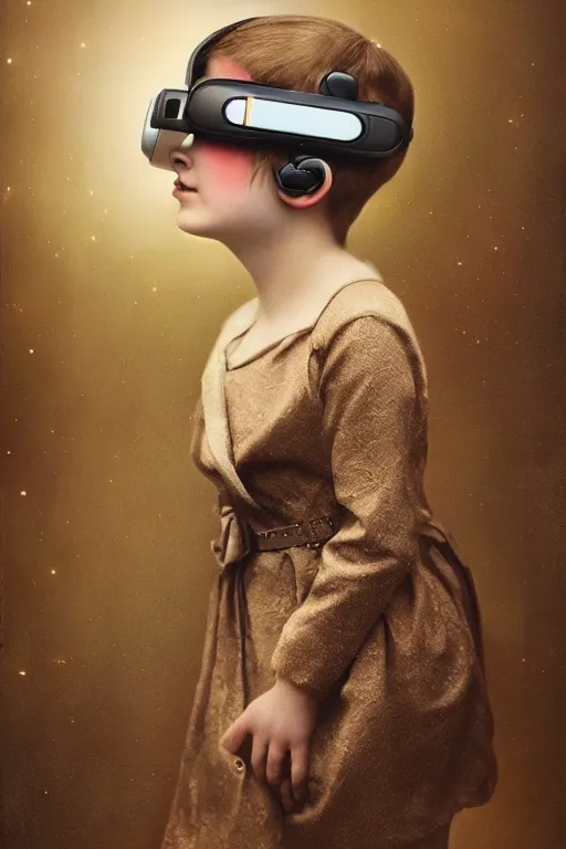 Image similar to a beautiful ultradetailed vintage photo of a child attached to a futuristic vr headset, by tom bagshaw and anna dittman, portrait, 2 4 mm lens, golden ratio composition, detailed face, studio photography, very detailed, humanoids, interconnected, artstation, 8 k, highly coherent