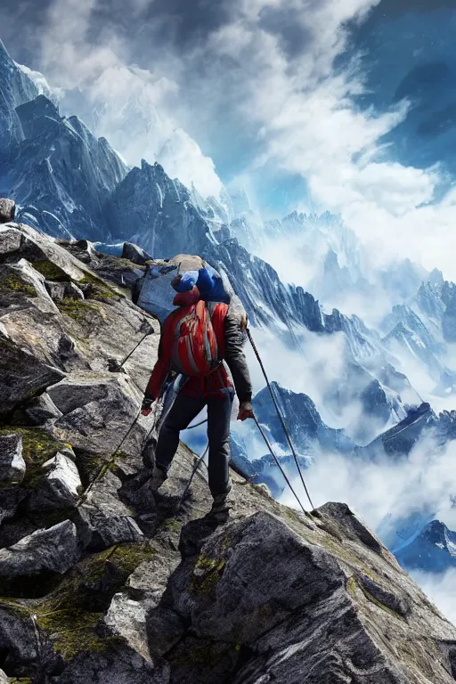 Prompt: a hyper detailed photo of a guide leading you across a summit of a beautiful mountain range, above the clouds, photorealistic, unreal engine 5, 8 k post production, cinematographic, rule of thirds, ray tracing, v - ray, octane render, go pro, redbull