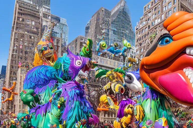 Image similar to photo of giant parade float designed by lisa frank and hr giger in the macys thanksgiving parade, detailed 4 k photo