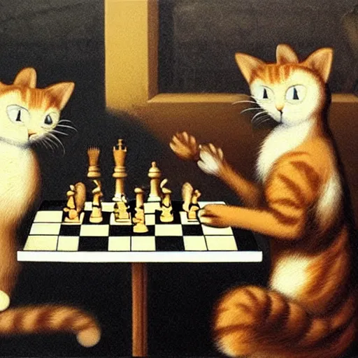 Image similar to two cats playing chess, in the style of Da Vinci