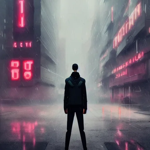 Prompt: A tall slender man in a techwear outfit, high quality, digital art, dire cyberpunk city, gray sky, neon signs in background, greg rutkowski