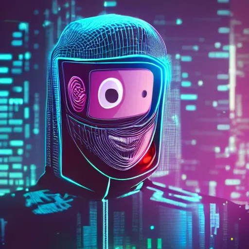 Image similar to Monitor head media concept - 3D illustration of hoodie wearing character with smiling computer display face standing in futuristic cyberpunk city