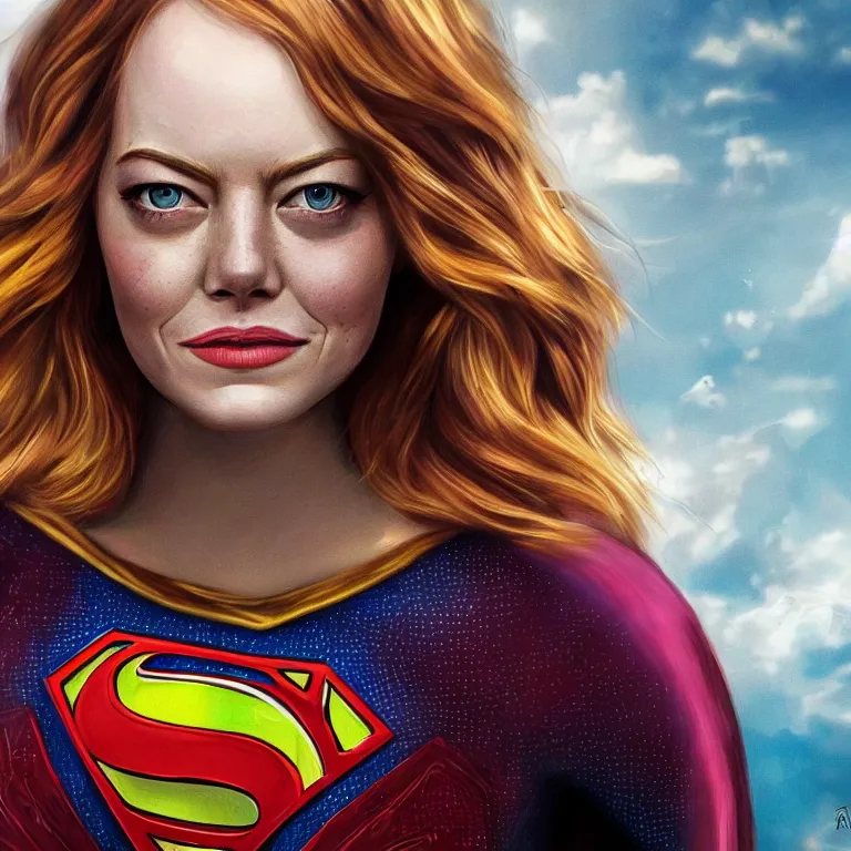 Image similar to highly detailed portrait of Emma Stone as Superwoman, intricate, masterpiece