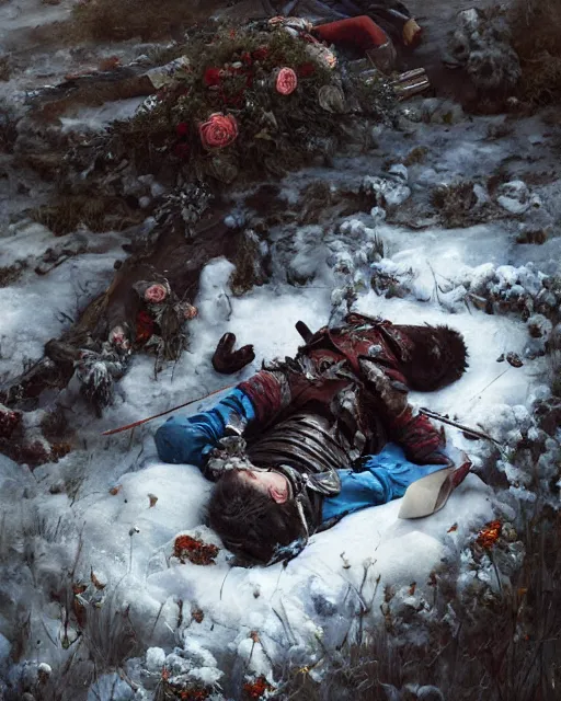 Image similar to Highly realistic oil painting of a wounded knight lying in the snow, surrounded by blue flowers, blood on flowers, by greg rutkowski, highly detailed, cinematic lighting, moody, dark