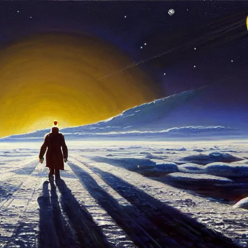 Image similar to an epic painting of an orthodox patriarch walking along an airless icy planet in the endless starry night of space, unreal 5, DAZ, detailed, soft focus, brilliant, 4k, 8k, HD, trending on artstation, art by Rick Guidice painting by Robert McCall by John Harris, abstract