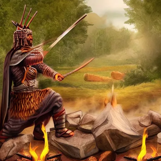 Image similar to tchno - neolithic warrior warlord preaching around the fire to a crowd, cave background, photorealistic hd,