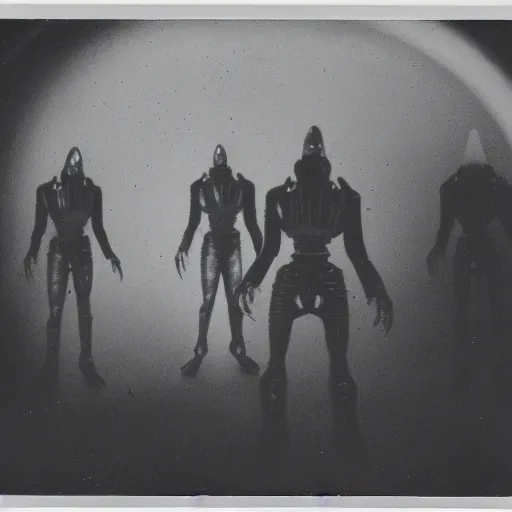 Prompt: polaroid photograph of horrorific alien beings visiting earth, 1 9 5 0