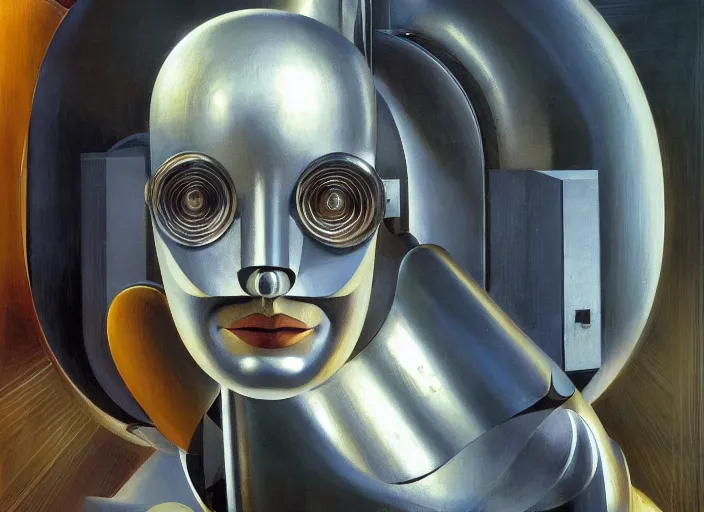 Image similar to a portrait headshot of sci fi metallic human, bright eyes, melancholic complex geometric figure liminal machinery by oskar schlemmer, moebius, john berkey, oil on canvas, portrait facial head, featured on artstation, hd wallpaper