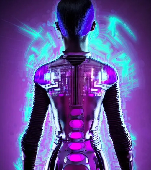 Prompt: back shot, looking away from viewer, woman with black ponytail in sci - fi leather armor, purple, by dariusz zawadzki, kenneth blom, mental alchemy, james jean, pablo amaringo, naudline pierre, intricate, contemporary art, glitch, neon color palette, hyper detailed, rendered in octane