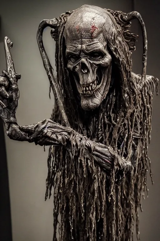 Image similar to photo taken of an epic intricate, ultra detailed, super realistic sculpture of a nightmarish hellish demonic hooded grim reaper sculpture on display in a workshop, created by weta workshop, head shots, photorealistic, sharp focus, f 0. 4, face centred, golden ratio