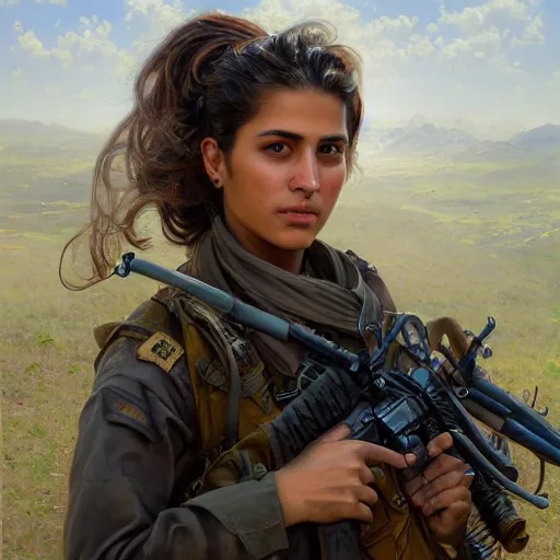 Image similar to a portrait of a beautiful woman Kurdish YPJ soldier, detailed, centered, digital painting, artstation, concept art, donato giancola, Joseph Christian Leyendecker, WLOP, Boris Vallejo, Breathtaking, 8k resolution, extremely detailed, beautiful, establishing shot, artistic, hyperrealistic, beautiful face, octane render