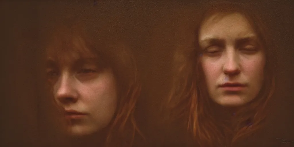 Image similar to portrait bust of young woman, tired expression, faded color film, russian cinema, tarkovsky, kodachrome, inside old cabin, next to window, heavy forest outside, long brown hair, old clothing, heavy fog, brown color palette, hudson river school, 4 k, dramatic lighting, greg rutkowski