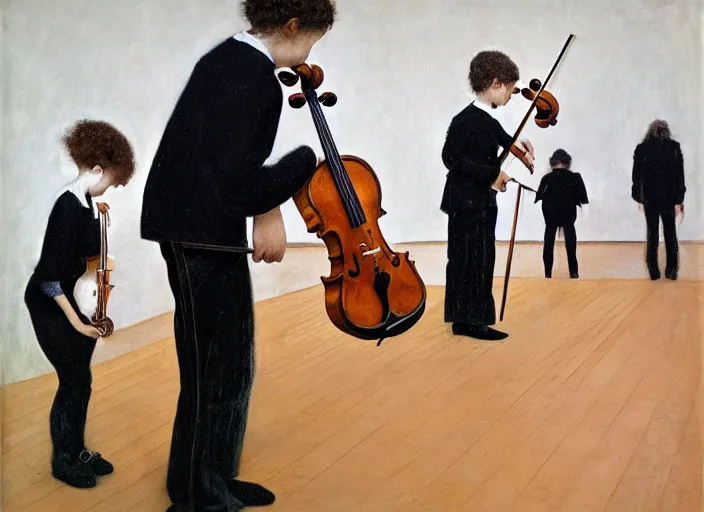 Image similar to two young violin players getting ready to perform and looking into the camera, francis bacon and pat steir and hilma af klint and james jean, psychological, photorealistic, intriguing details, rendered in octane, altermodern