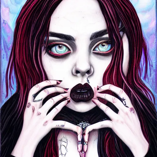 Prompt: a gothic portrait painting of billie eilish by jeremiah ketner, | demonic | horror themed