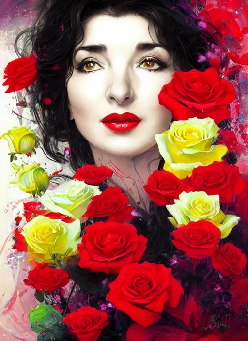 Prompt: portrait of kate bush against a neon multicolored background, lush black hair, pale skin, white and red roses, flowing material, intricate, beautiful cinematic lighting, stunning painting by artgerm, norman rockwell, android jones, wadim kashin